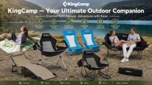 Comprehensive brand banner for KingCamp, showcasing a range of products in an outdoor lakeside setting with a mountain backdrop, highlighting core brand values: Ergonomic Comfort, Durable & Sturdy, Portable & Lightweight, Versatile Use, Premium Materials, and Adventure Ready.