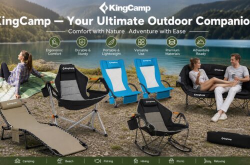 Comprehensive brand banner for KingCamp, showcasing a range of products in an outdoor lakeside setting with a mountain backdrop, highlighting core brand values: Ergonomic Comfort, Durable & Sturdy, Portable & Lightweight, Versatile Use, Premium Materials, and Adventure Ready.