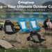 Comprehensive brand banner for KingCamp, showcasing a range of products in an outdoor lakeside setting with a mountain backdrop, highlighting core brand values: Ergonomic Comfort, Durable & Sturdy, Portable & Lightweight, Versatile Use, Premium Materials, and Adventure Ready.