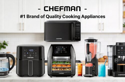 Beneath the slogan "CHEFMAN – A Recommended Brand for High-Quality Kitchenware," a variety of CHEFMAN kitchen appliances are displayed on the counter. These products include an electric kettle, a 4-quart (approx. 3.8-liter) air fryer, a 10-liter air fryer oven, a smoothie blender, a microwave, and an espresso machine.