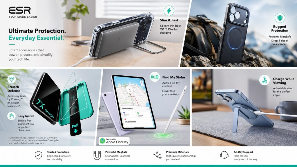 An advertisement image features the ESR logo and "TECH MADE EASIER" in the top-left corner. Below it is the main title "Ultimate Protection. Everyday Essential." with a short descriptive sentence. The image is a collage with six distinct panels displaying various ESR products