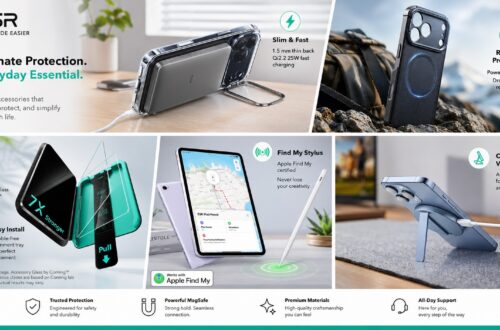 An advertisement image features the ESR logo and "TECH MADE EASIER" in the top-left corner. Below it is the main title "Ultimate Protection. Everyday Essential." with a short descriptive sentence. The image is a collage with six distinct panels displaying various ESR products