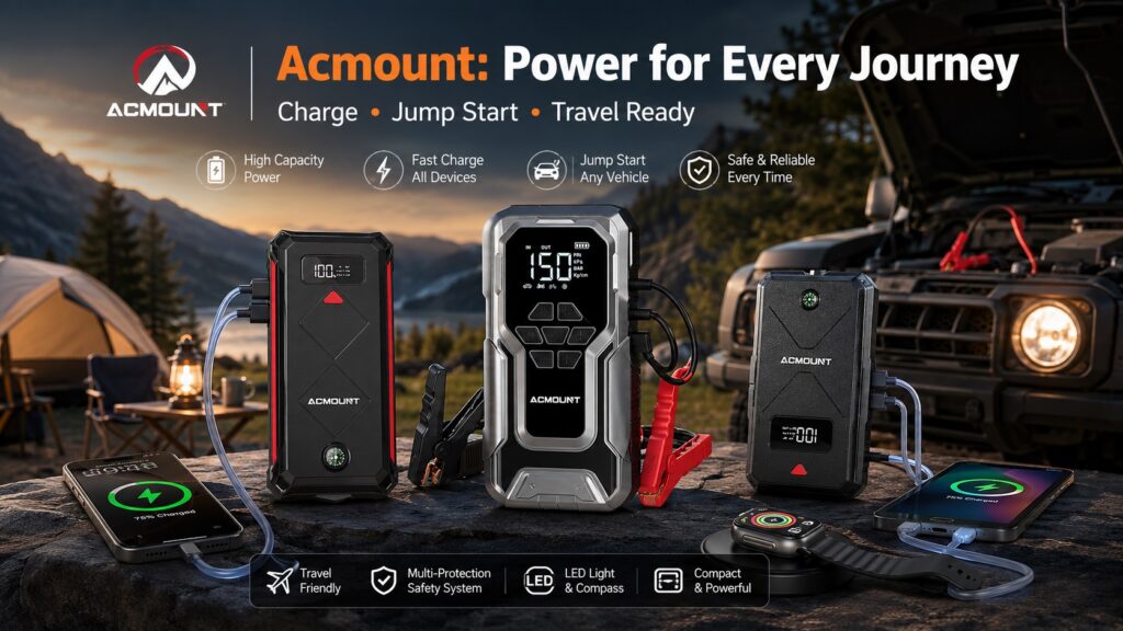 Lineup of ACMOUNT car jump starters and portable battery packs charging a smartphone, smartwatch, and laptop at an outdoor campsite with an off-road truck in the background.