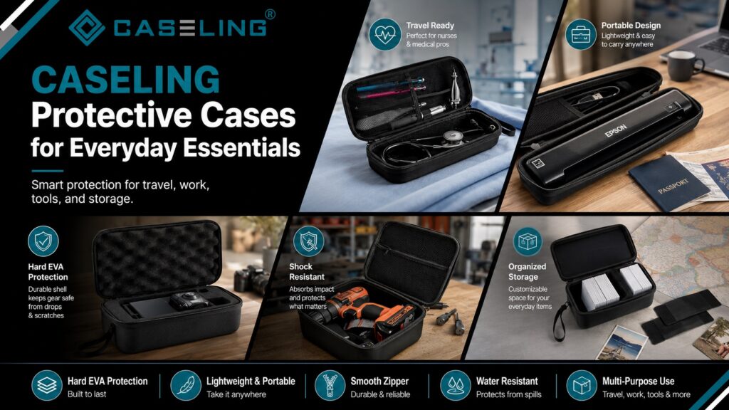 CASELING protective cases product showcase displaying hard EVA organizer cases for medical supplies, portable scanners, power tools, and everyday travel gear.