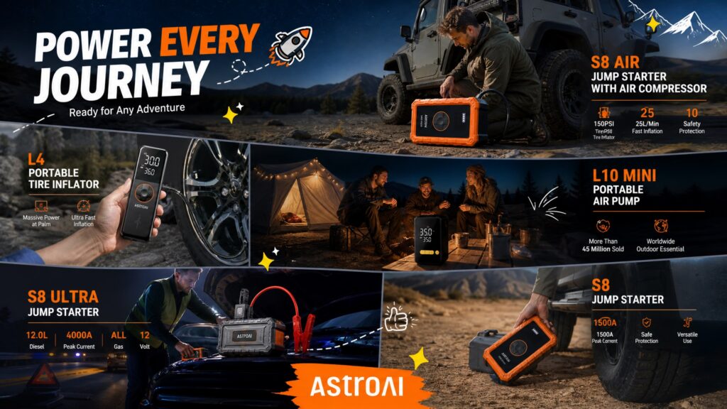 AstroAI automotive power product family infographic. Main headline 'POWER EVERY JOURNEY, Ready for Any Adventure'. Four scenes and product combinations are shown: 'S8 AIR Jump Starter (with Compressor)' connected to a SUV, 'L4 Portable Tire Inflator' connected to a tire, 'L10 Mini Portable Air Pump' by a camping campfire, 'S8 ULTRA Jump Starter' connected to a car battery, and 'S8 Jump Starter' being held over rocks. Key specs like peak current and max pressure are listed for each product. Bottom center is the AstroAI logo.