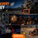 AstroAI automotive power product family infographic. Main headline 'POWER EVERY JOURNEY, Ready for Any Adventure'. Four scenes and product combinations are shown: 'S8 AIR Jump Starter (with Compressor)' connected to a SUV, 'L4 Portable Tire Inflator' connected to a tire, 'L10 Mini Portable Air Pump' by a camping campfire, 'S8 ULTRA Jump Starter' connected to a car battery, and 'S8 Jump Starter' being held over rocks. Key specs like peak current and max pressure are listed for each product. Bottom center is the AstroAI logo.