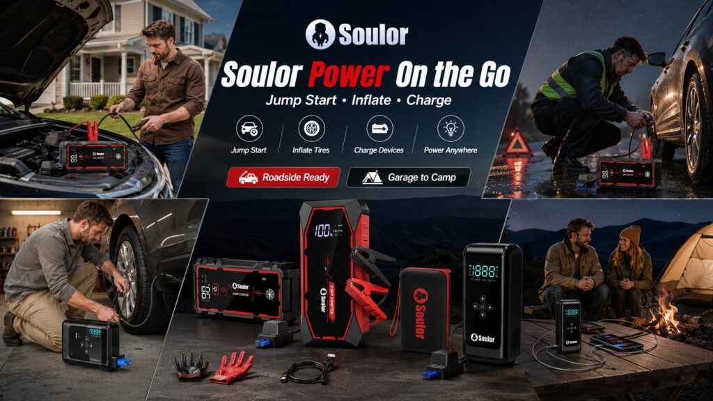 A promotional collage graphic titled "Soulor Power On the Go" detailing multi-functional jump starters and portable power devices. The central section displays a detailed layout of the Soulor product lineup and accessories. Surrounding this are four real-world usage scenarios: jump-starting a car in a driveway (top-left), providing emergency roadside power at night (top-right), inflating a vehicle tire (bottom-left), and powering a camping trip with tent and devices (bottom-right).