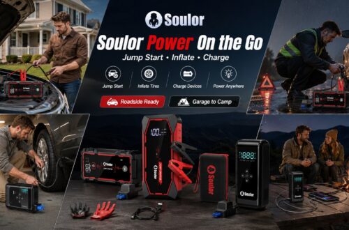 A promotional collage graphic titled "Soulor Power On the Go" detailing multi-functional jump starters and portable power devices. The central section displays a detailed layout of the Soulor product lineup and accessories. Surrounding this are four real-world usage scenarios: jump-starting a car in a driveway (top-left), providing emergency roadside power at night (top-right), inflating a vehicle tire (bottom-left), and powering a camping trip with tent and devices (bottom-right).