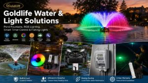 Goldlife Water & Light Solutions product collage banner showing pond fountains, colorful RGB lighting, a digital timer switch, and a underwater green fishing light in action across different water settings.