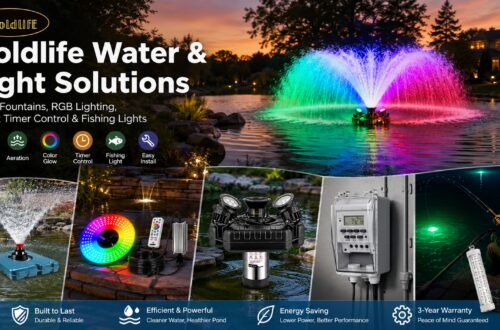 Goldlife Water & Light Solutions product collage banner showing pond fountains, colorful RGB lighting, a digital timer switch, and a underwater green fishing light in action across different water settings.