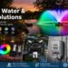 Goldlife Water & Light Solutions product collage banner showing pond fountains, colorful RGB lighting, a digital timer switch, and a underwater green fishing light in action across different water settings.