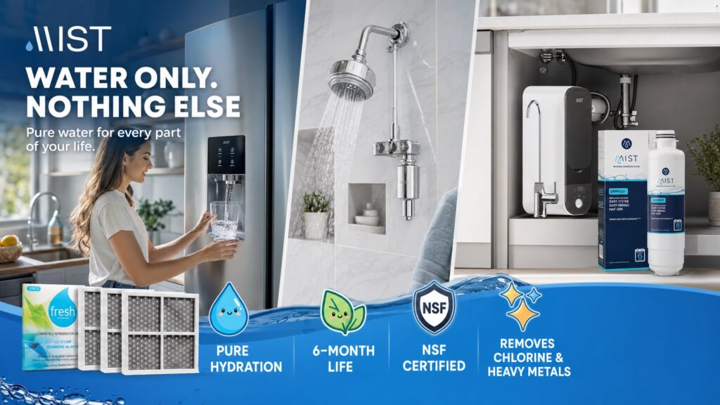 Brand messaging infographic for Mist with the main headline "WATER ONLY. NOTHING ELSE." and tagline "Pure water for every part of your life." The image is split into three sections: a woman getting water from a fridge (left), a dynamic close-up of a shower head (middle), and an under-sink RO system with a replacement filter (right). The bottom banner features icons for key benefits: "pure hydration," "6-month life," "NSF certified," and "removes chlorine & heavy metals," alongside a pack of fresh air filters. Water splash graphics frame the bottom.