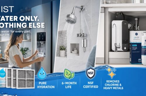 Brand messaging infographic for Mist with the main headline "WATER ONLY. NOTHING ELSE." and tagline "Pure water for every part of your life." The image is split into three sections: a woman getting water from a fridge (left), a dynamic close-up of a shower head (middle), and an under-sink RO system with a replacement filter (right). The bottom banner features icons for key benefits: "pure hydration," "6-month life," "NSF certified," and "removes chlorine & heavy metals," alongside a pack of fresh air filters. Water splash graphics frame the bottom.