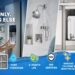 Brand messaging infographic for Mist with the main headline "WATER ONLY. NOTHING ELSE." and tagline "Pure water for every part of your life." The image is split into three sections: a woman getting water from a fridge (left), a dynamic close-up of a shower head (middle), and an under-sink RO system with a replacement filter (right). The bottom banner features icons for key benefits: "pure hydration," "6-month life," "NSF certified," and "removes chlorine & heavy metals," alongside a pack of fresh air filters. Water splash graphics frame the bottom.