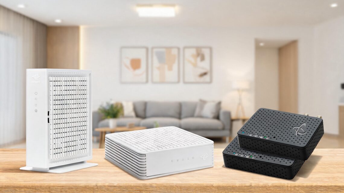 A studio product showcase of three Hitron devices side-by-side on a wooden surface against a blurred warm living room background: a vertical white modem, a horizontal white modem, and a stacked pair of black MoCA adapters.
