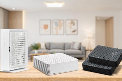 A studio product showcase of three Hitron devices side-by-side on a wooden surface against a blurred warm living room background: a vertical white modem, a horizontal white modem, and a stacked pair of black MoCA adapters.