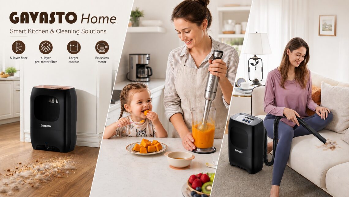 An informative brand banner for GAVASTO Home, highlighting product features like a 5-layer filter, 4-layer pre-motor filter, larger dustbin, and brushless motor alongside family lifestyle scenes.