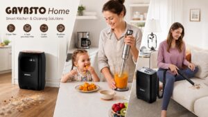 An informative brand banner for GAVASTO Home, highlighting product features like a 5-layer filter, 4-layer pre-motor filter, larger dustbin, and brushless motor alongside family lifestyle scenes.