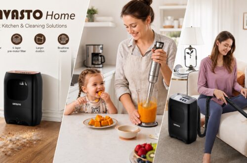 An informative brand banner for GAVASTO Home, highlighting product features like a 5-layer filter, 4-layer pre-motor filter, larger dustbin, and brushless motor alongside family lifestyle scenes.