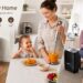 An informative brand banner for GAVASTO Home, highlighting product features like a 5-layer filter, 4-layer pre-motor filter, larger dustbin, and brushless motor alongside family lifestyle scenes.