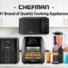 Beneath the slogan "CHEFMAN – A Recommended Brand for High-Quality Kitchenware," a variety of CHEFMAN kitchen appliances are displayed on the counter. These products include an electric kettle, a 4-quart (approx. 3.8-liter) air fryer, a 10-liter air fryer oven, a smoothie blender, a microwave, and an espresso machine.
