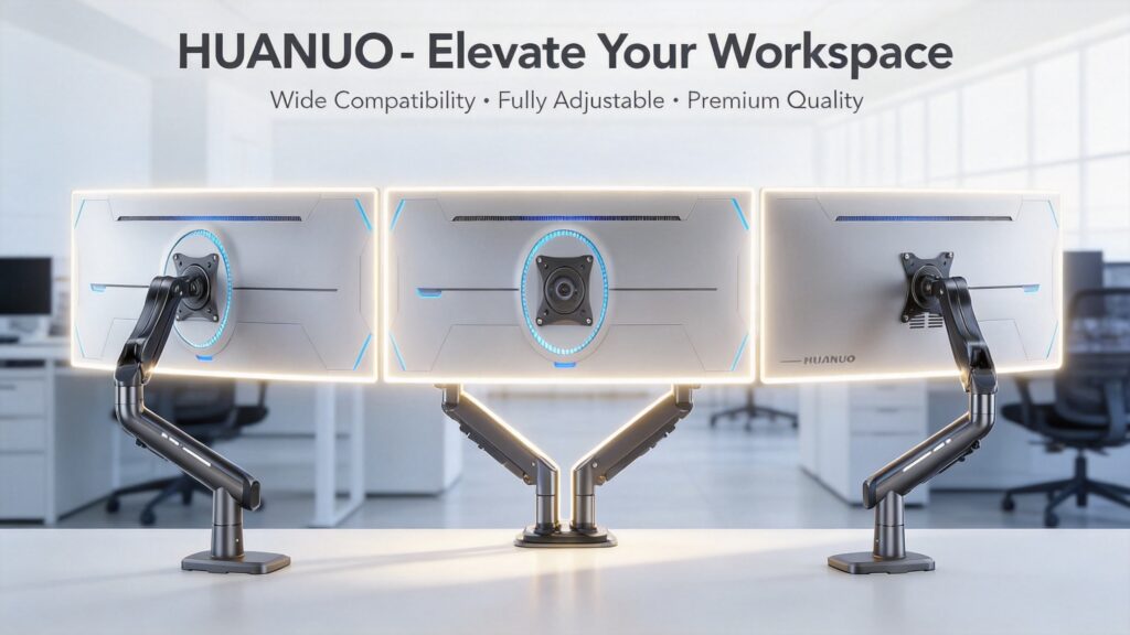An artistic shot featuring the back of a triple curved monitor setup on a single HUANUO arm from a centered perspective, highlighting the symmetric structure and glowing details.