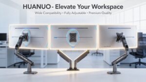 An artistic shot featuring the back of a triple curved monitor setup on a single HUANUO arm from a centered perspective, highlighting the symmetric structure and glowing details.