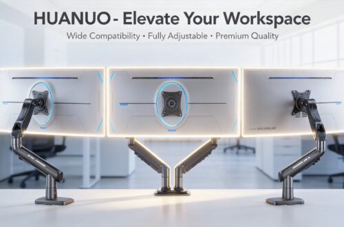 An artistic shot featuring the back of a triple curved monitor setup on a single HUANUO arm from a centered perspective, highlighting the symmetric structure and glowing details.