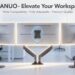An artistic shot featuring the back of a triple curved monitor setup on a single HUANUO arm from a centered perspective, highlighting the symmetric structure and glowing details.