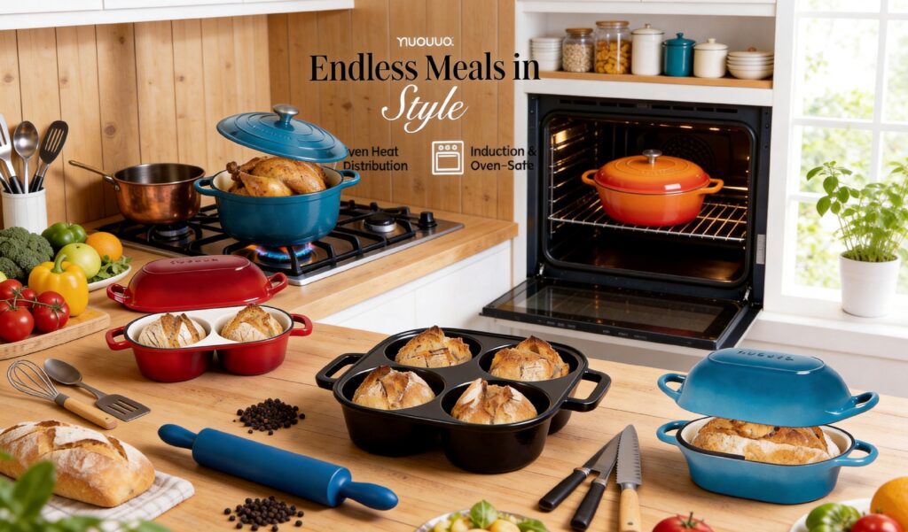 An extensive view of a kitchen counter showcasing numerous colorful enameled cast iron pots and fresh produce. It includes the dark blue bread cloche, the red double loaf pan, the black mini bread pan, and the light blue long loaf pan. The text "Endless Meals in Style" and logos are visible.