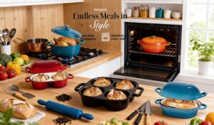 An extensive view of a kitchen counter showcasing numerous colorful enameled cast iron pots and fresh produce. It includes the dark blue bread cloche, the red double loaf pan, the black mini bread pan, and the light blue long loaf pan. The text "Endless Meals in Style" and logos are visible.