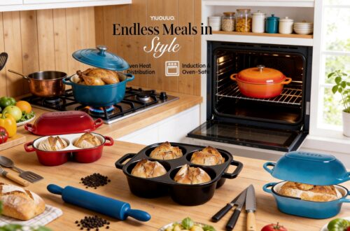 An extensive view of a kitchen counter showcasing numerous colorful enameled cast iron pots and fresh produce. It includes the dark blue bread cloche, the red double loaf pan, the black mini bread pan, and the light blue long loaf pan. The text "Endless Meals in Style" and logos are visible.