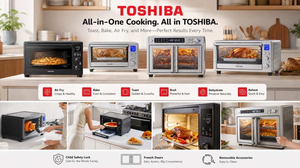Product image showcasing the BLACK+DECKER EM720CB7 Digital Microwave Oven from the exact same layout as cp2_2.jpg. The top highlights the "Compact 0.7 Cu.ft" capacity, "Stainless Steel Finish," and "Popcorn Preset." The lower splits show a family enjoying a meal, child safety lock activation steps, and the cleaning of the removable glass turntable.