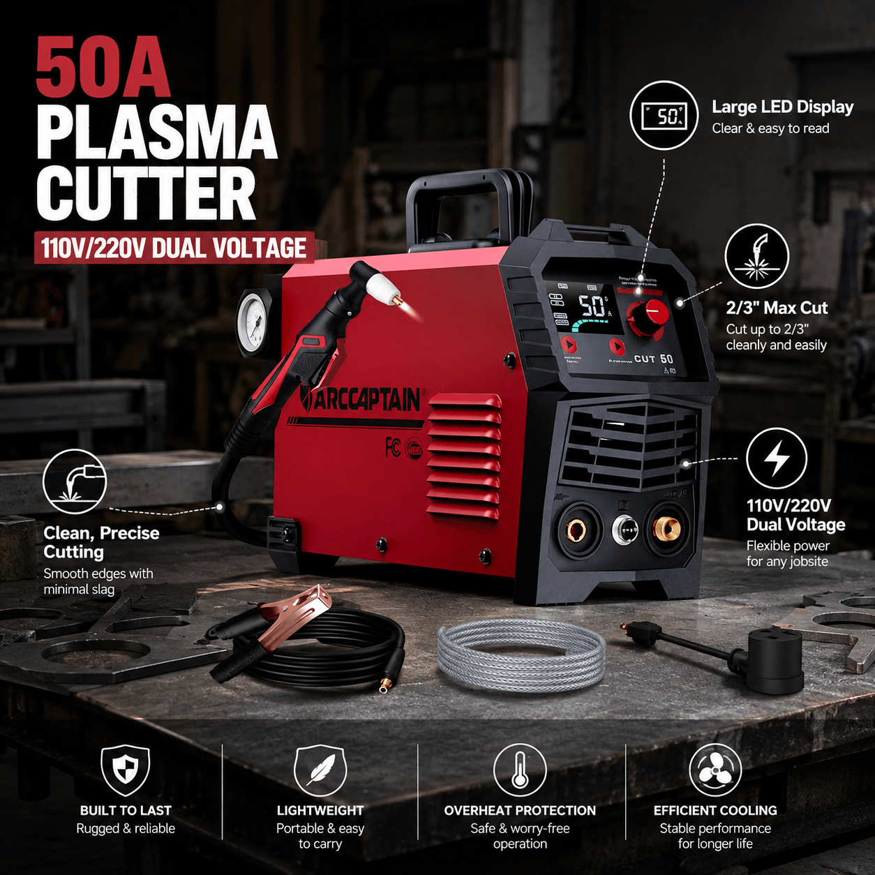 ARCCAPTAIN 50A plasma cutter in a metalworking shop, featuring 110V/220V dual voltage, large LED display, up to 2/3-inch maximum cutting capacity, portable design and efficient cooling.