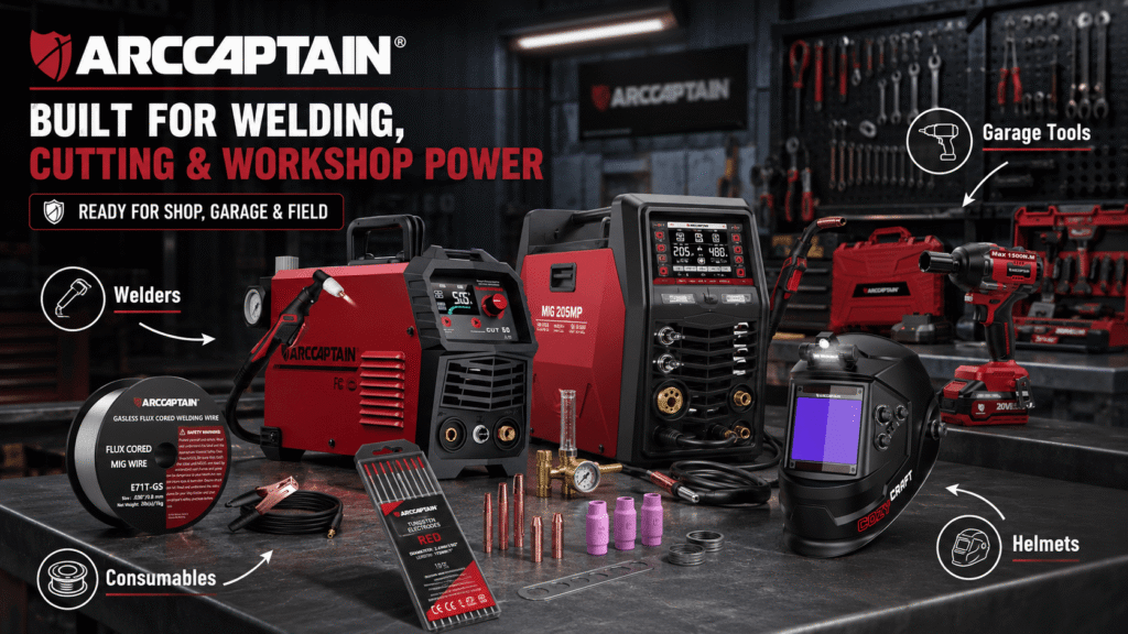 ARCCAPTAIN welding, cutting and workshop tool collection displayed in a professional garage, featuring plasma cutter, MIG205MP welder, welding helmet, flux core wire, tungsten electrodes, impact wrench and welding accessories.
