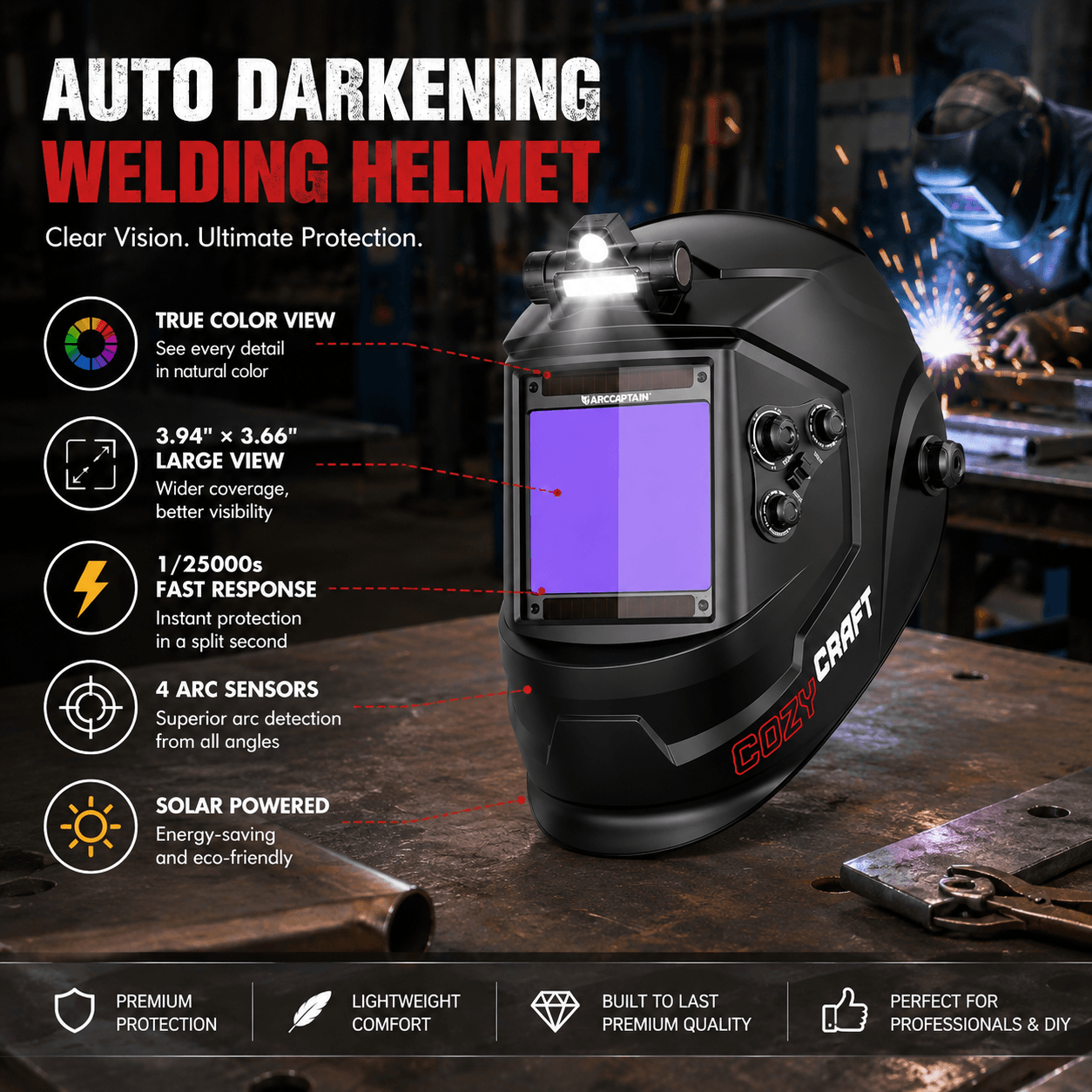 ARCCAPTAIN auto-darkening welding helmet with integrated light in a welding workshop, featuring true-color viewing, 3.94 x 3.66-inch large view, fast response, four arc sensors and solar power.