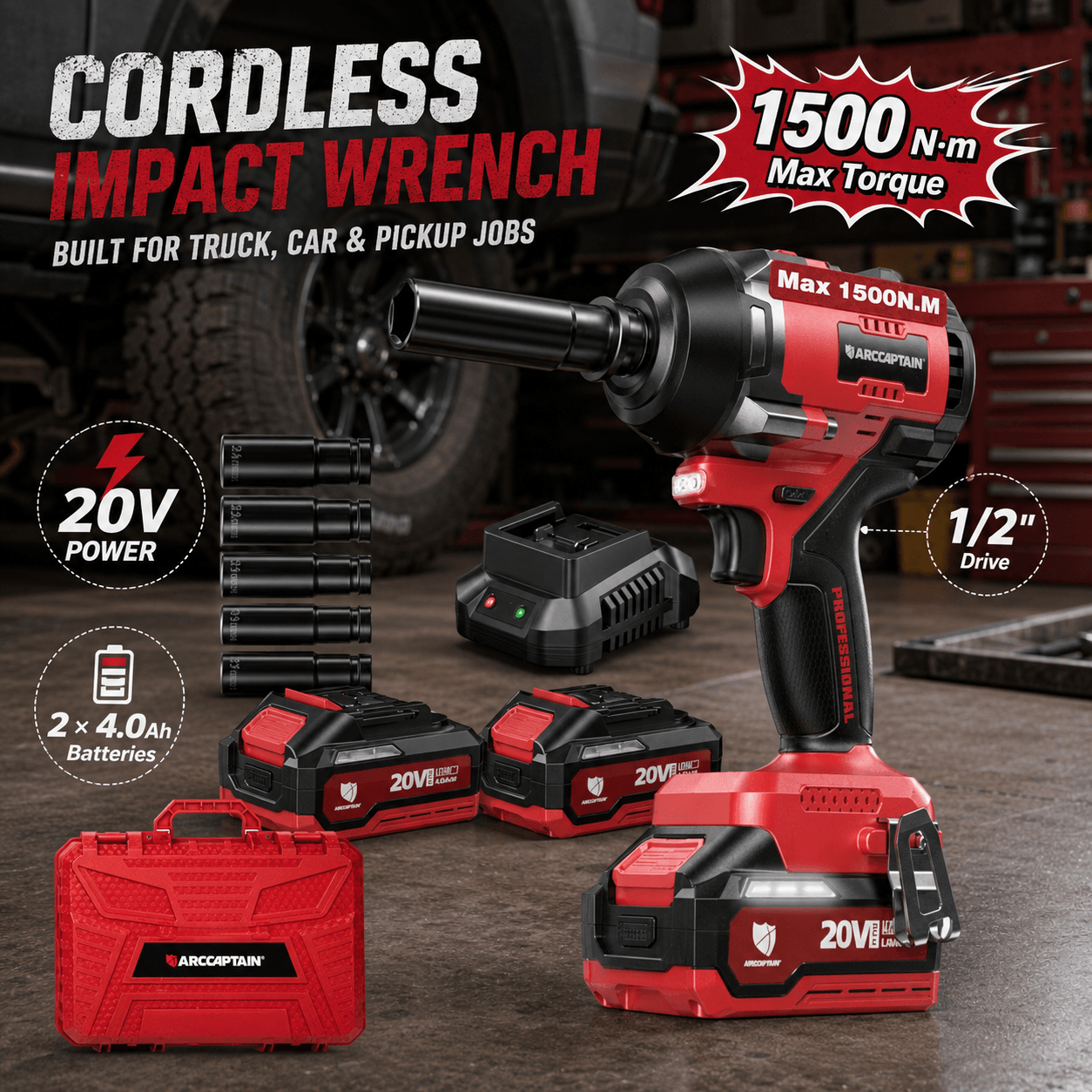 ARCCAPTAIN cordless impact wrench kit in an automotive garage, featuring 1500 N.m max torque, 20V power, 1/2-inch drive, two 4.0Ah batteries, sockets, charger and carrying case.