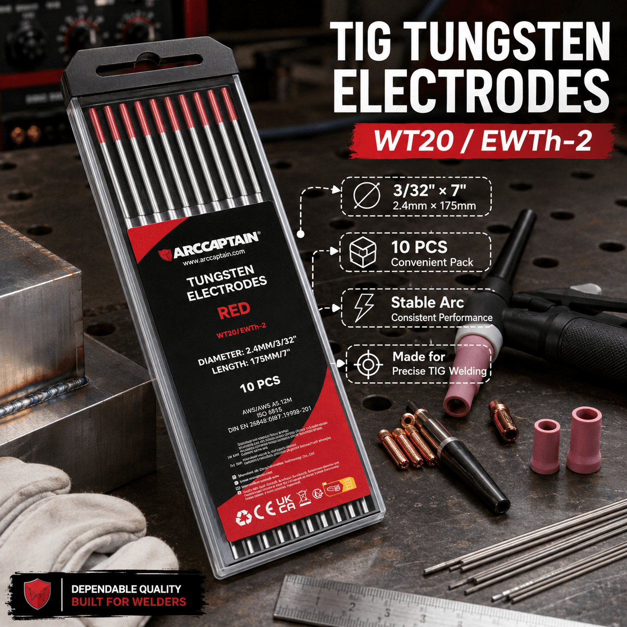 ARCCAPTAIN WT20/EWTh-2 red TIG tungsten electrodes displayed in a professional welding workspace, featuring ten 3/32 x 7-inch electrodes designed for stable arc performance and precision TIG welding.