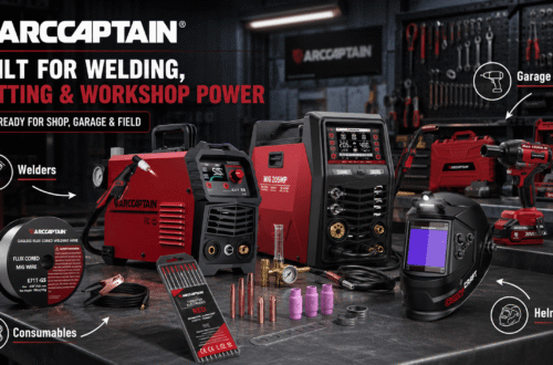 ARCCAPTAIN welding, cutting and workshop tool collection displayed in a professional garage, featuring plasma cutter, MIG205MP welder, welding helmet, flux core wire, tungsten electrodes, impact wrench and welding accessories.
