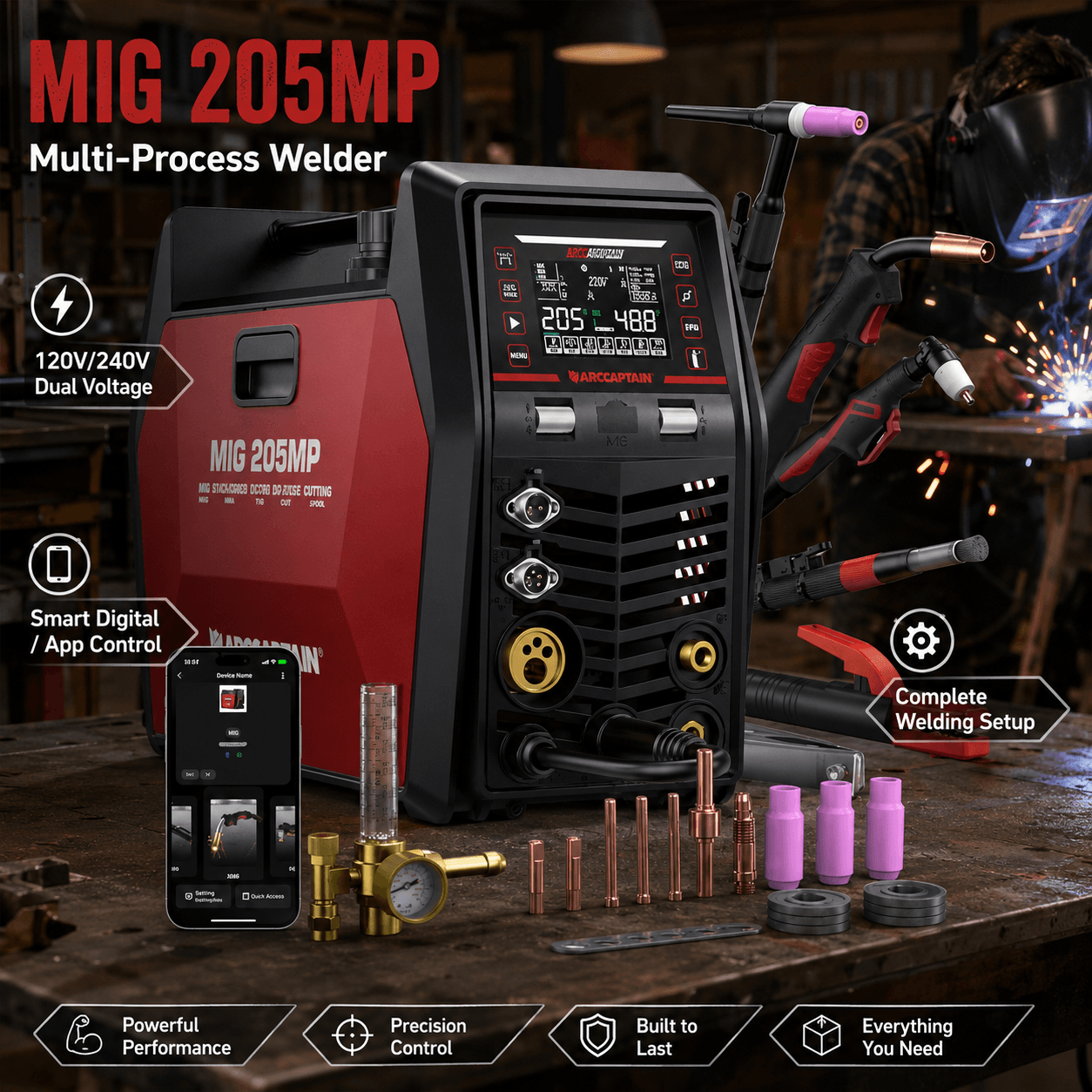 ARCCAPTAIN MIG205MP multi-process welding machine in a fabrication workshop, featuring 120V/240V dual voltage, smart digital and app control, multiple welding functions, torches and included accessories.