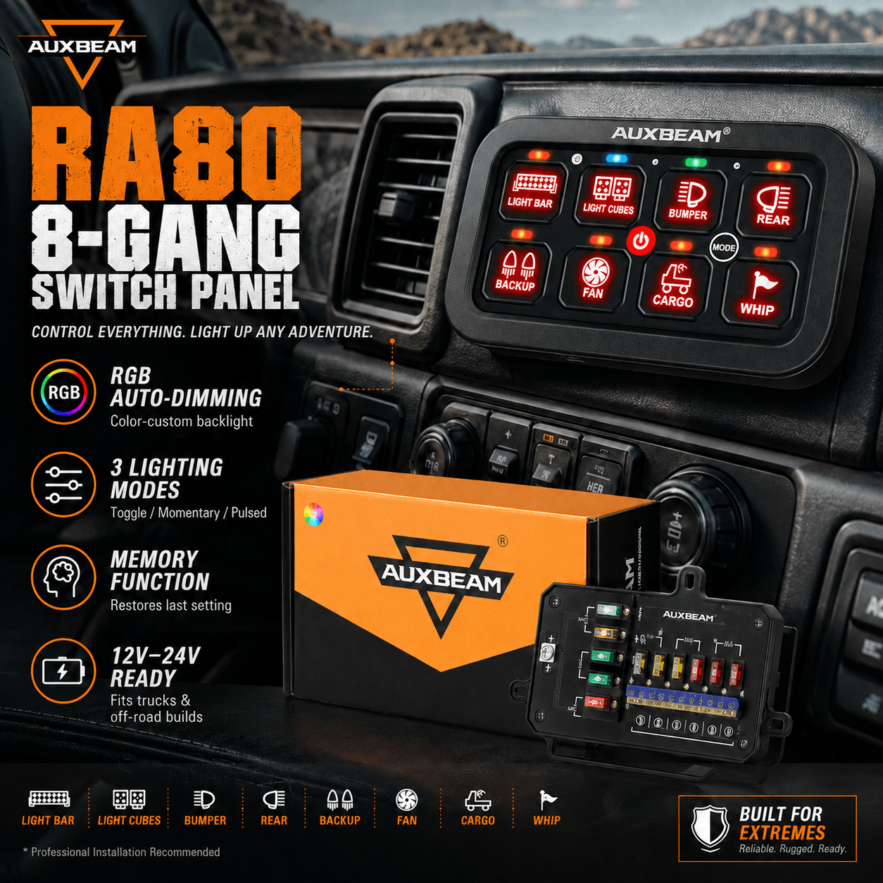 Auxbeam RA80 8-gang RGB switch panel installed on a rugged vehicle dashboard, shown with its orange product box and control module. Feature callouts highlight RGB auto-dimming, three lighting modes, memory function, and 12V–24V compatibility.