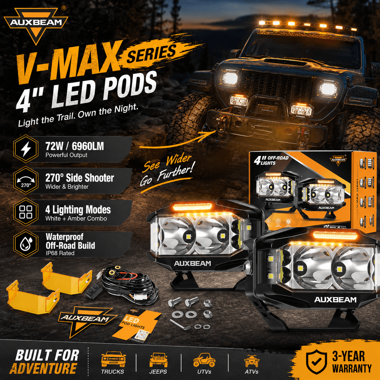 Auxbeam V-MAX Series 4-inch LED light pods displayed with an off-road vehicle at night, product packaging, amber covers, wiring, and mounting hardware. Callouts highlight 6960LM output, 270° side lighting, four lighting modes, and IP68 protection.