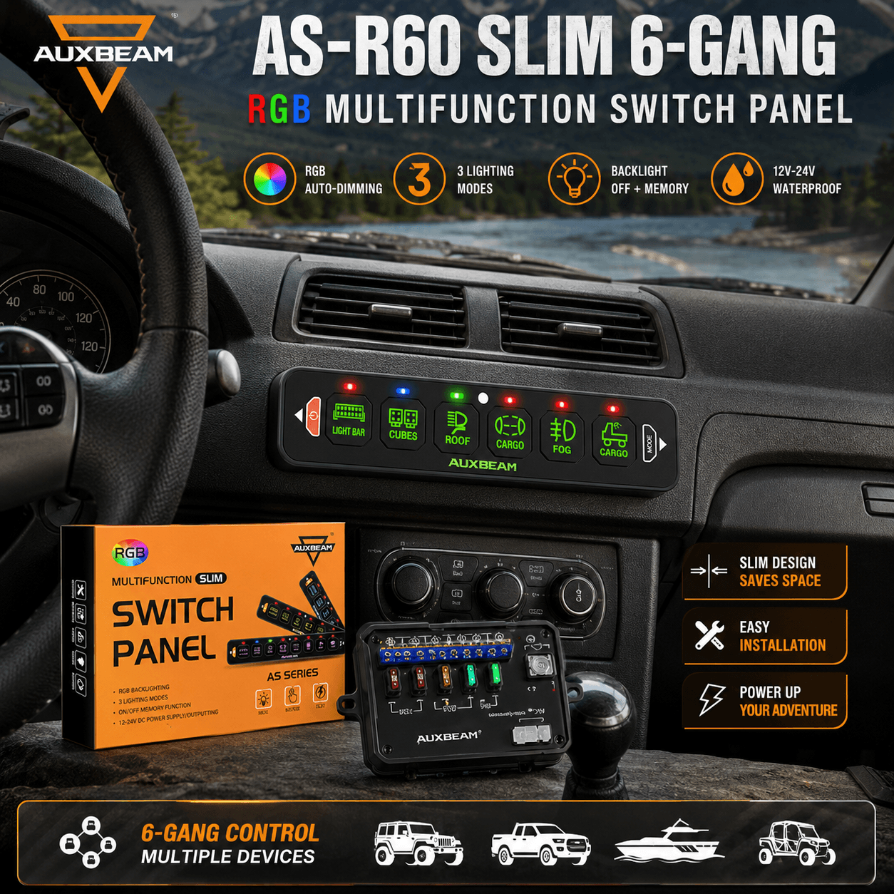 Auxbeam AS-R60 slim 6-gang RGB switch panel mounted on a vehicle dashboard, with its orange packaging and control box below. Feature graphics highlight RGB auto-dimming, three lighting modes, backlight memory, slim design, and 12V–24V use.