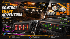 Auxbeam promotional collage featuring an off-road vehicle with auxiliary LED lighting, RA80 8-gang RGB switch panel, AS-R60 slim 6-gang switch panel, and V-MAX light pods. Real vehicle scenes emphasize lighting, RGB control, durability, and adventure use.