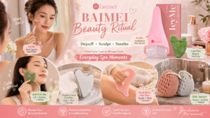 BAIMEI beauty ritual promotional collage featuring a rose quartz roller, ice roller, jade gua sha, stainless steel gua sha, pink resin body gua sha, and bath sponges in multiple realistic self-care scenes. Pink-and-green graphics include “Depuff • Sculpt • Soothe” and “Everyday Spa Moments” with playful doodle callouts.