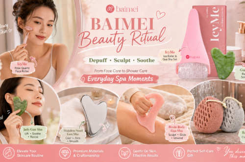 BAIMEI beauty ritual promotional collage featuring a rose quartz roller, ice roller, jade gua sha, stainless steel gua sha, pink resin body gua sha, and bath sponges in multiple realistic self-care scenes. Pink-and-green graphics include “Depuff • Sculpt • Soothe” and “Everyday Spa Moments” with playful doodle callouts.