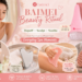 BAIMEI beauty ritual promotional collage featuring a rose quartz roller, ice roller, jade gua sha, stainless steel gua sha, pink resin body gua sha, and bath sponges in multiple realistic self-care scenes. Pink-and-green graphics include “Depuff • Sculpt • Soothe” and “Everyday Spa Moments” with playful doodle callouts.