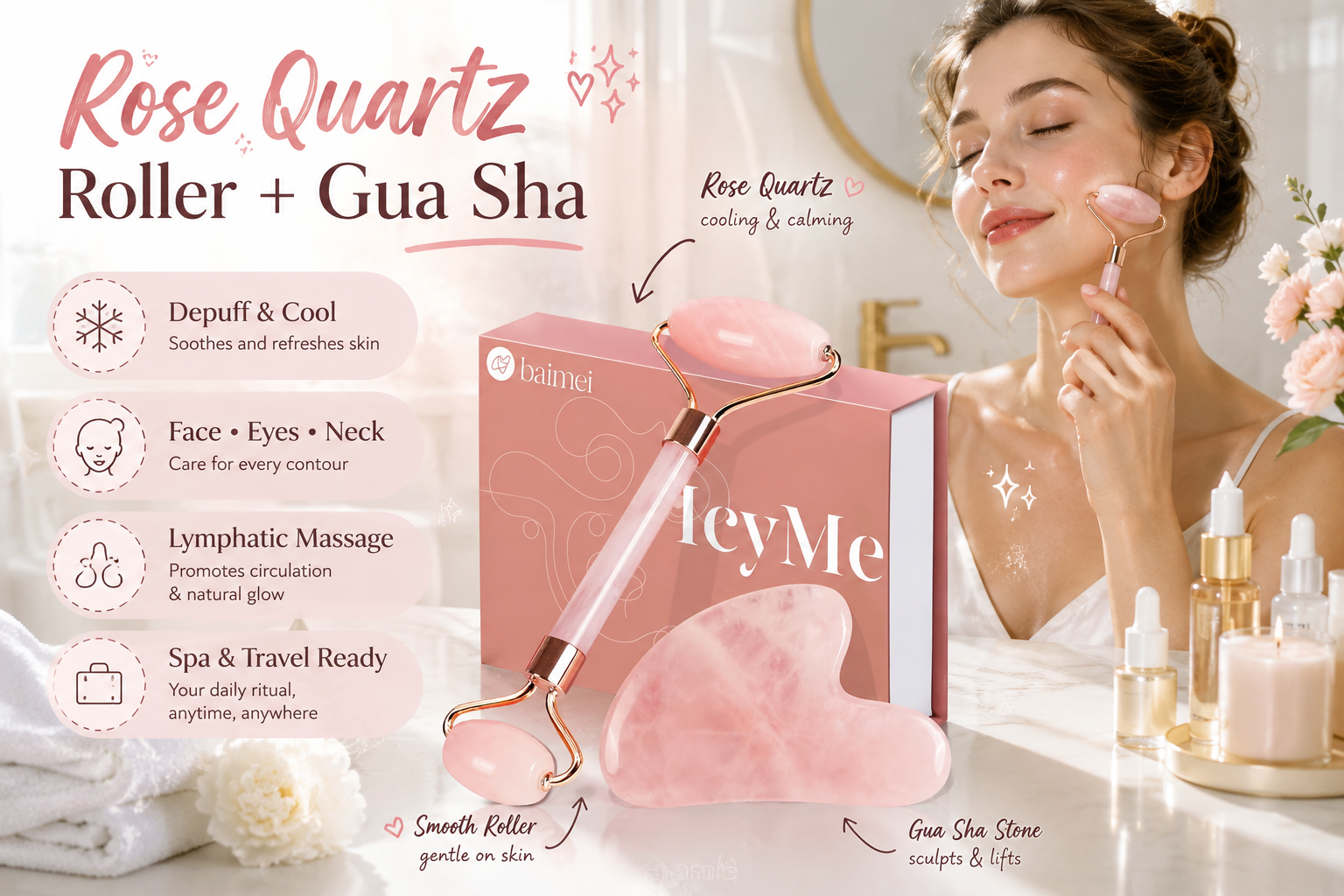 BAIMEI IcyMe rose quartz roller and gua sha set displayed on a bright bathroom vanity while a woman gently rolls the pink facial roller over her cheek, with illustrated callouts highlighting depuffing, cooling, facial massage, and travel-ready skincare.