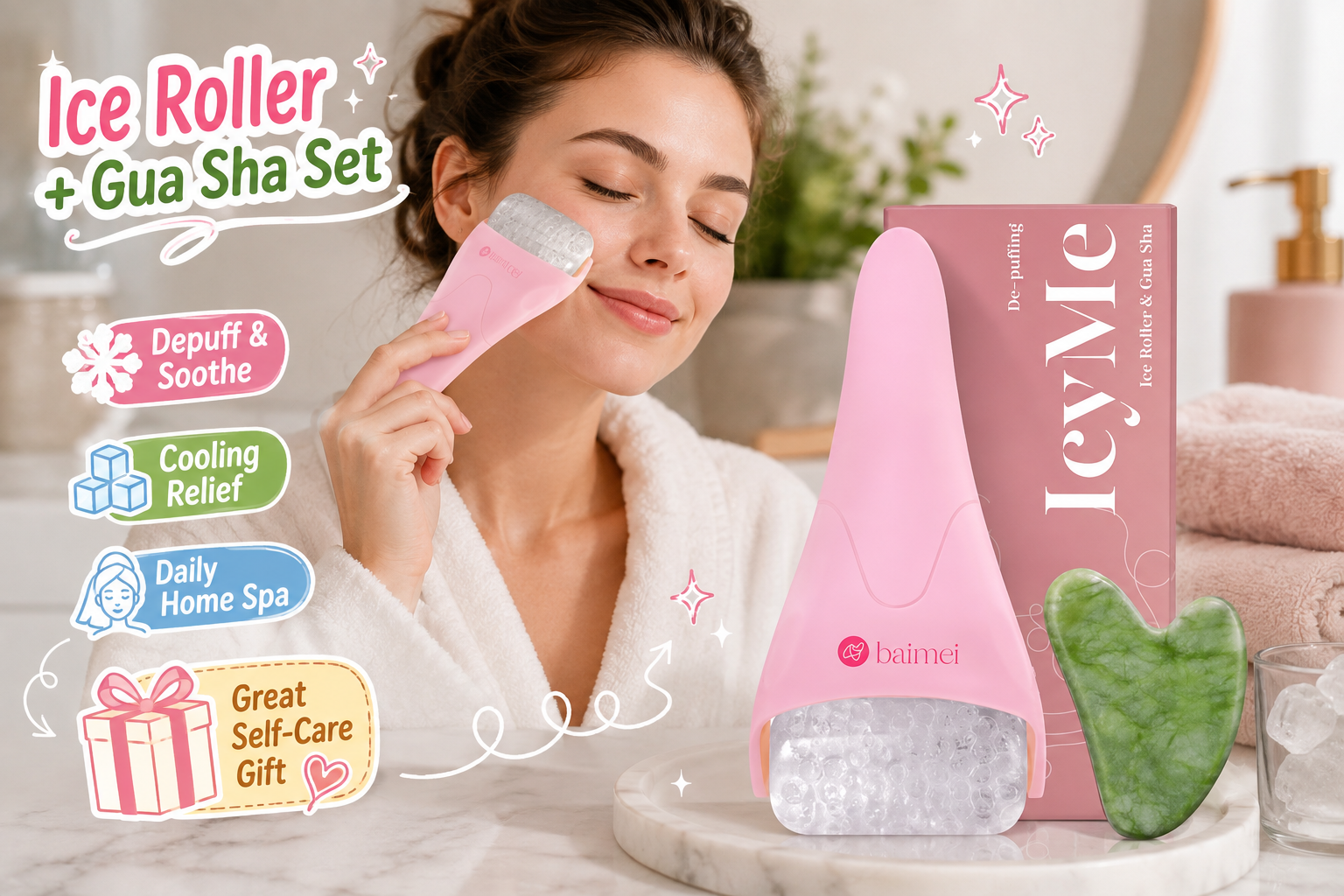Woman in a white robe using a pink BAIMEI IcyMe ice roller on her cheek, with the matching ice roller, green gua sha stone, and pink packaging displayed beside her. Colorful doodle labels highlight depuffing, cooling relief, home spa care, and gifting.