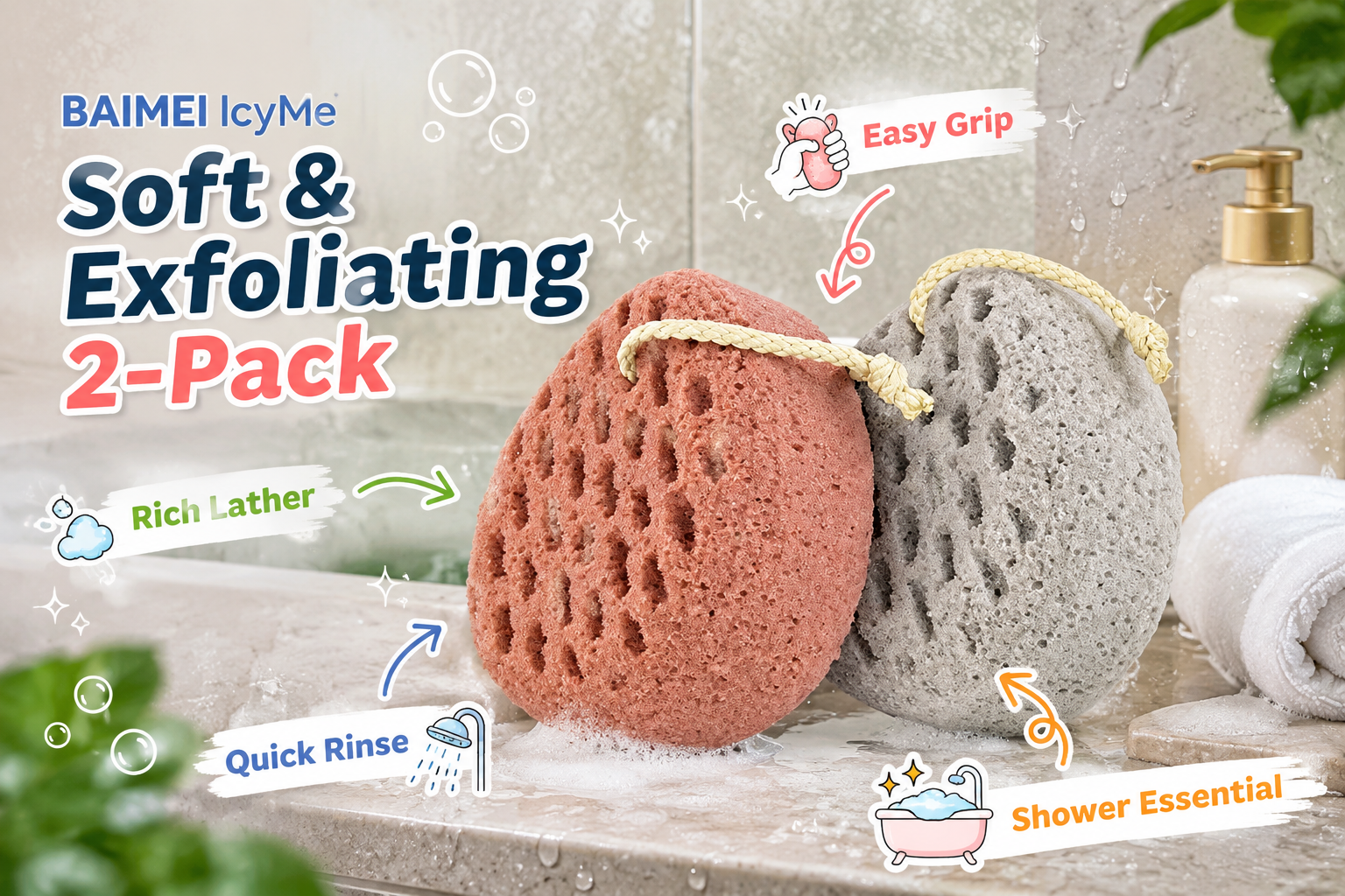 BAIMEI IcyMe natural green jade gua sha displayed with pink packaging on a marble tray while a woman massages her jawline and cheek. English callouts emphasize lifting, sculpting, tension relief, cool texture, and daily self-care.